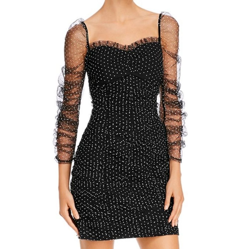 Endless Rose Black Polka Dot Puff-Sleeve Ruched‎ Mesh Mini Dress Size Small, NWT